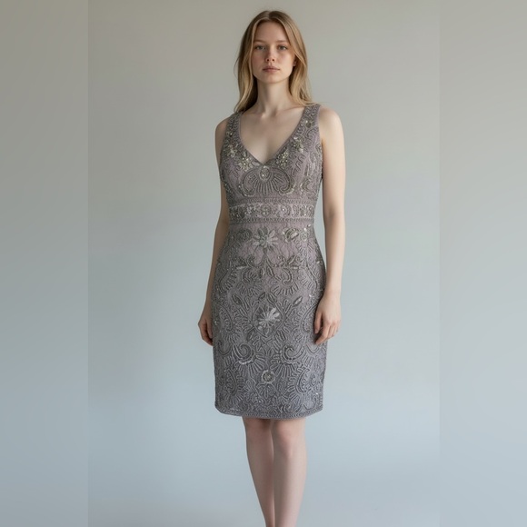Sue Wong Dresses & Skirts - Sue Wong Nocturne Beaded Lace Cocktail Dress Silver Gray V-Neck Size 0